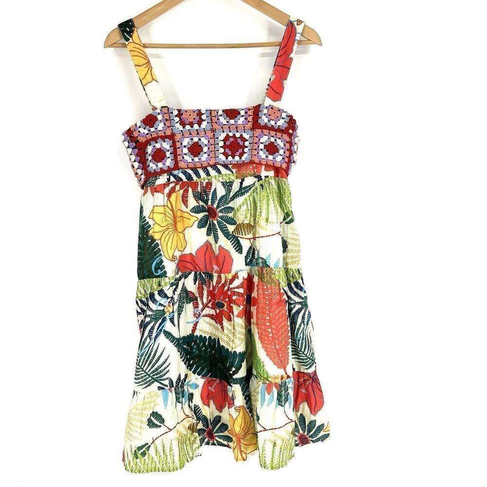 Anthropologie Farm Rio Mini Dress Size XS Crochet Floral Print Granny Square